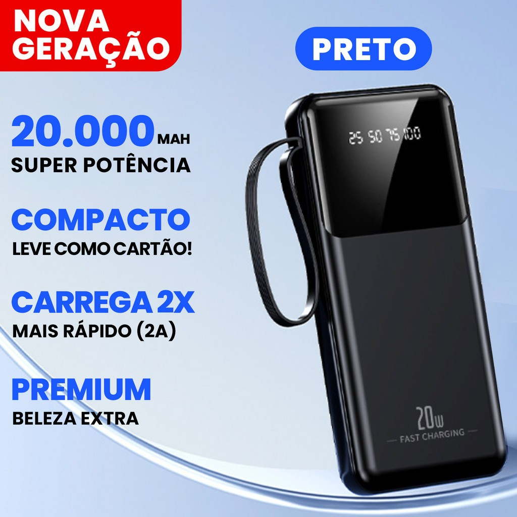 Power Bank 20000mAh com Fast Charging 20W | Display LED | Cabos Lightning, USB-C e Micro USB | Carregador Portátil para iPhone e Android