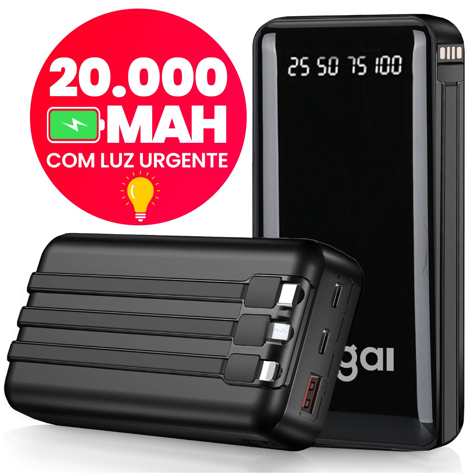 Power Bank 20000mAh com Fast Charging 20W | Display LED | Cabos Lightning, USB-C e Micro USB | Carregador Portátil para iPhone e Android