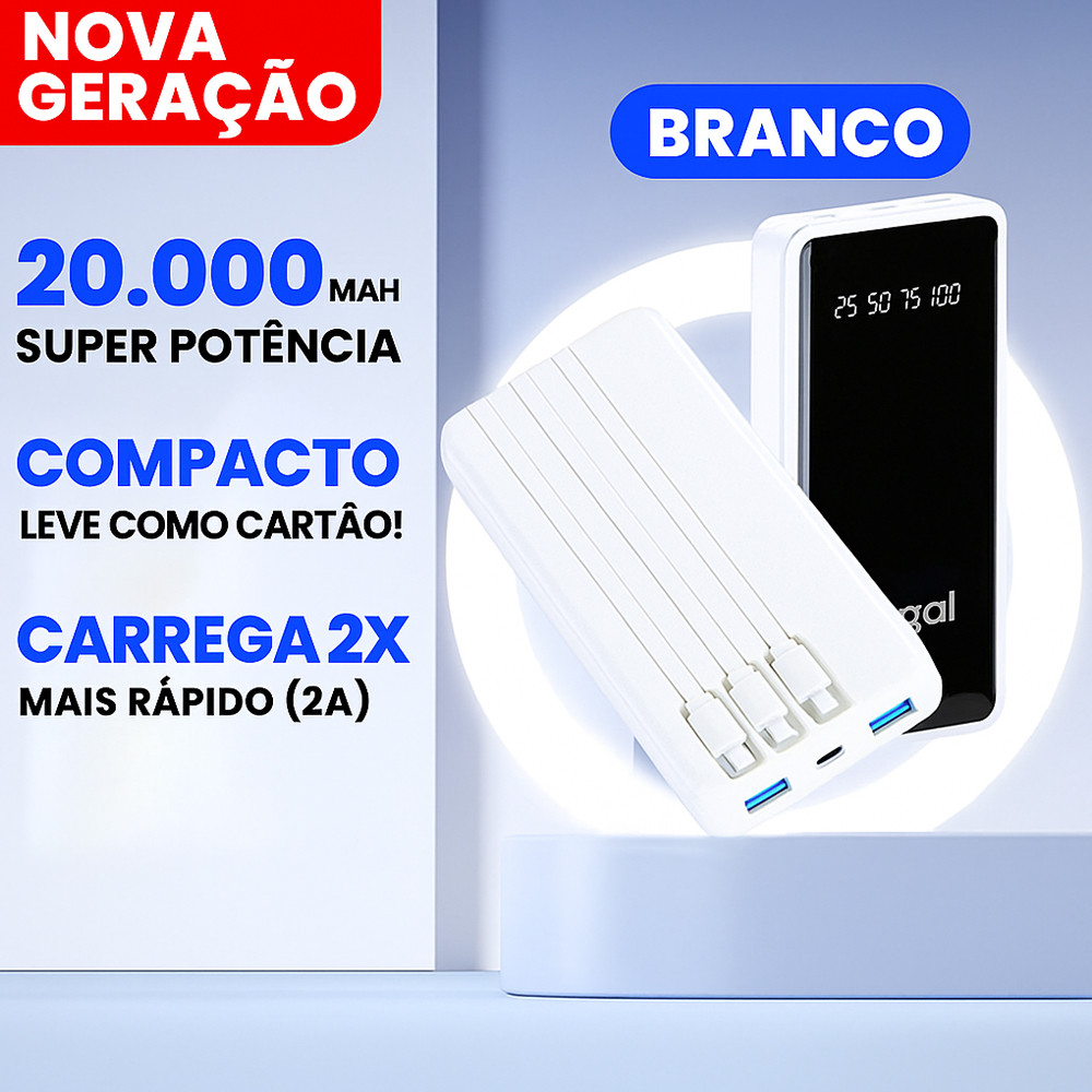 Power Bank 20000mAh com Fast Charging 20W | Display LED | Cabos Lightning, USB-C e Micro USB | Carregador Portátil para iPhone e Android