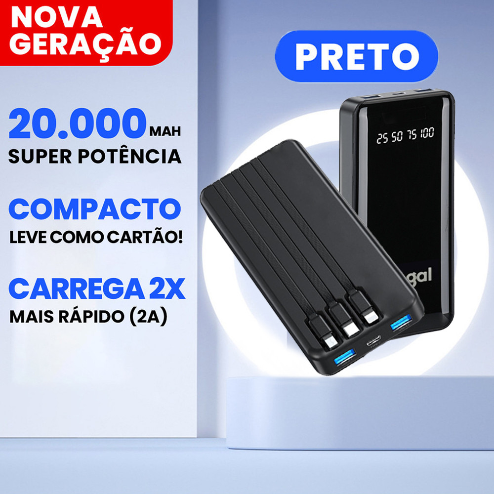 Power Bank 20000mAh com Fast Charging 20W | Display LED | Cabos Lightning, USB-C e Micro USB | Carregador Portátil para iPhone e Android