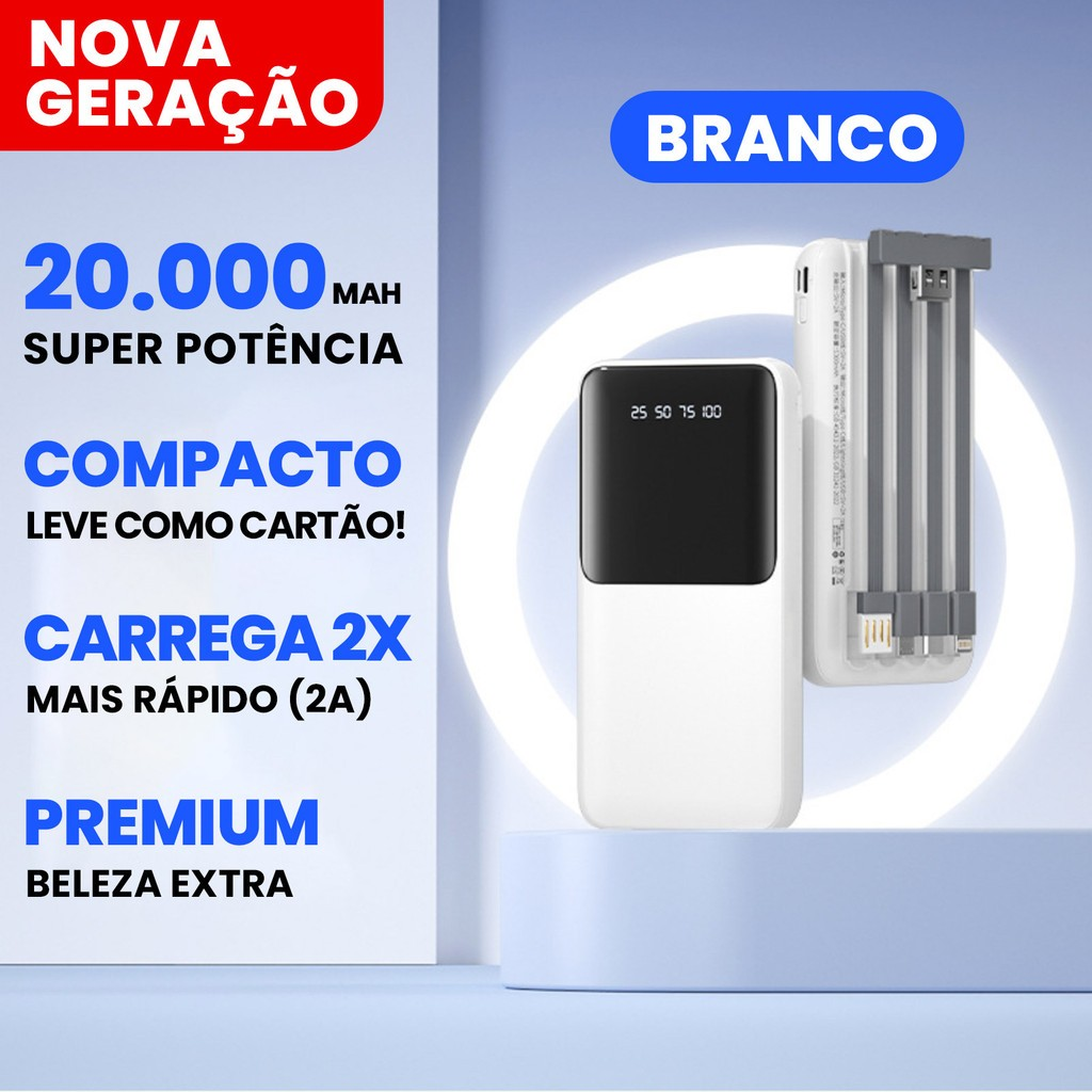 Power Bank 20000mAh com Fast Charging 20W | Display LED | Cabos Lightning, USB-C e Micro USB | Carregador Portátil para iPhone e Android